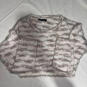 Blue Blush Fuzzy Striped Sweater - Cream and Brown